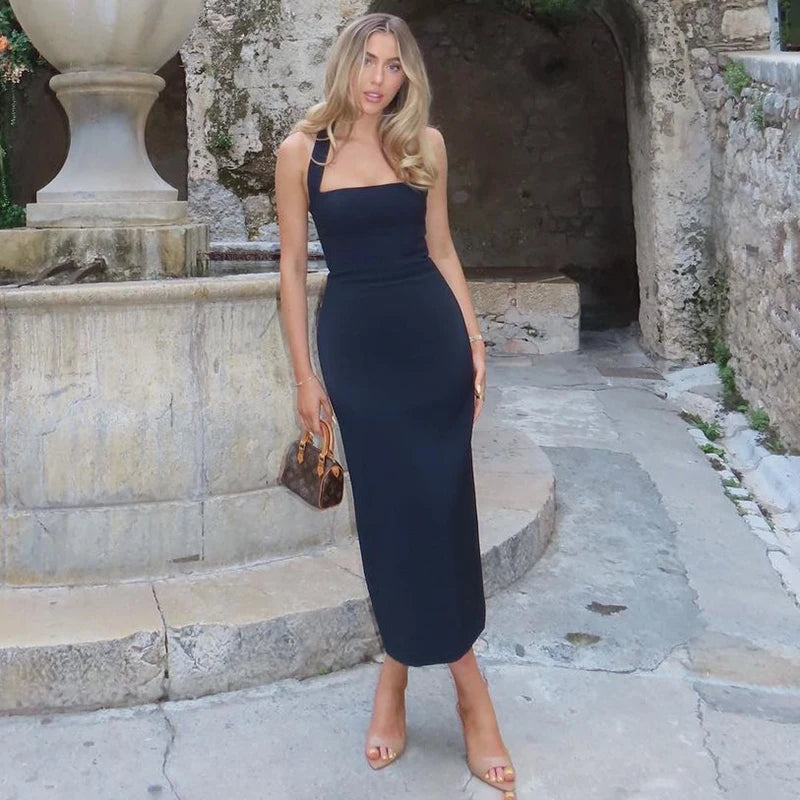 TARUXY One-Shoulder Bodycon Black Evening Dress For Women Sexy Backless Sleeveless Neck-Mounted Long Party Dress Female Elegant voguable