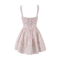 Sexy Elegant Women Lace Trim  Floral Print Mini Dress Low Waist Square Neck Female Summer Party Dress Holiday Robe