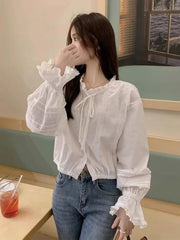 Sexy Slim Cropped White Shirt Women Sweet Lace Patchwork Flare Sleeve Blouse Fashion Fall Ruffled Neck Elegant Korean Chic Tops voguable