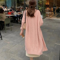 Voguable  Korean Medium Length Pink Retro Loose Fit Knit Cardigan Autumn Winter Casual Fried Dough Twists Thick Lazy Style Sweater Coat voguable