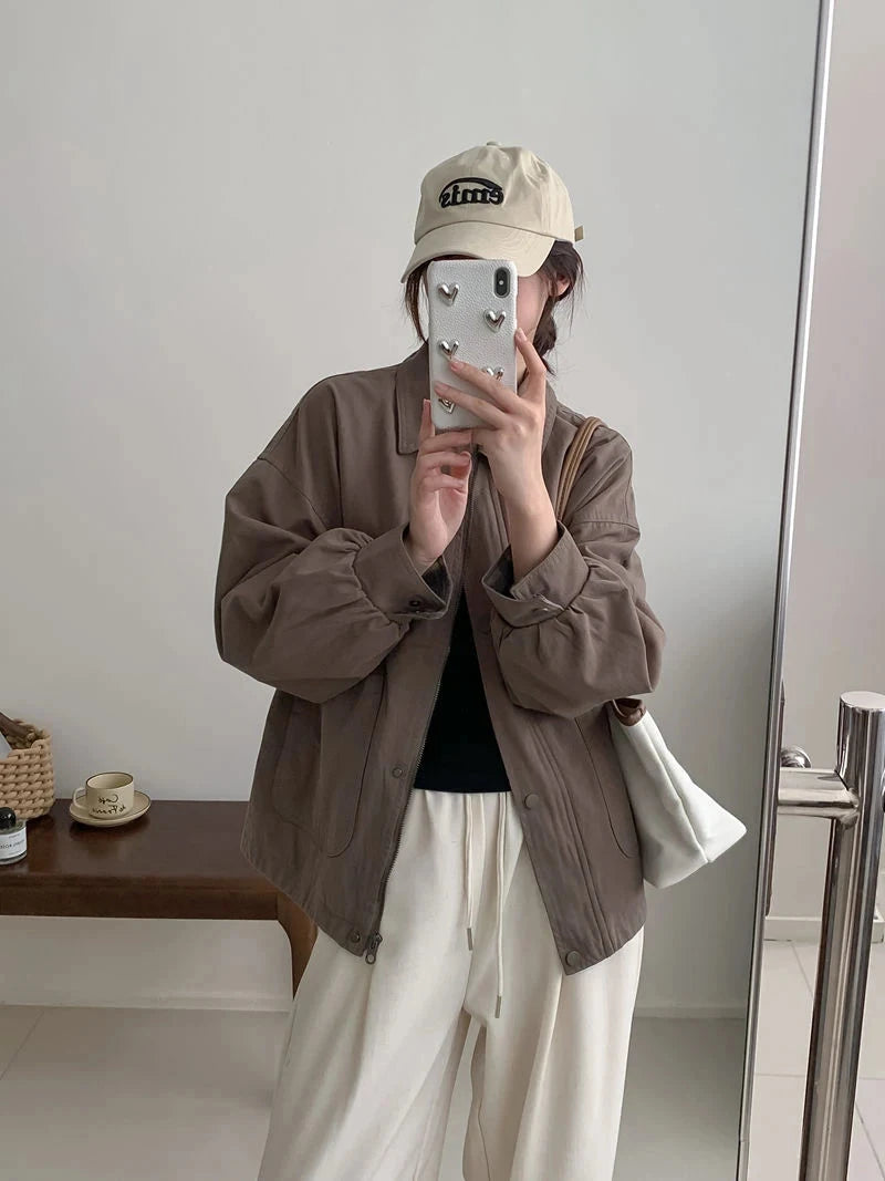 Fall Women Cargo Jacket Loose Preppy Style Long Sleeve Vintage Coat Casual Big Pockets American Retro Solid Bf Outwear Tops voguable