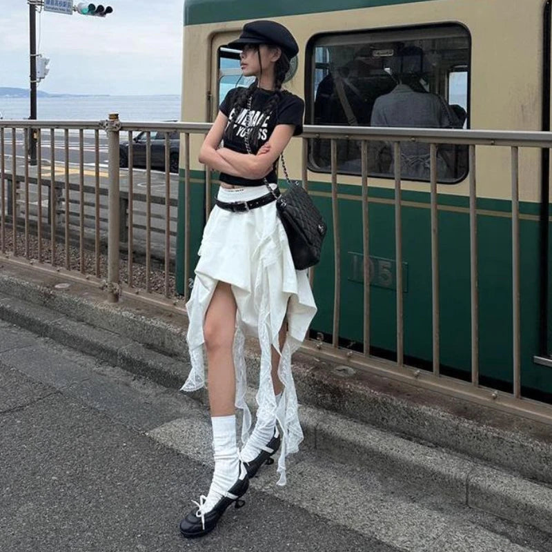 Korean Style Irregular Skirt Women Vintage Elegant White Ruffle Skirt Lace Patchwork Summer Layered Midi Skirts Street voguable