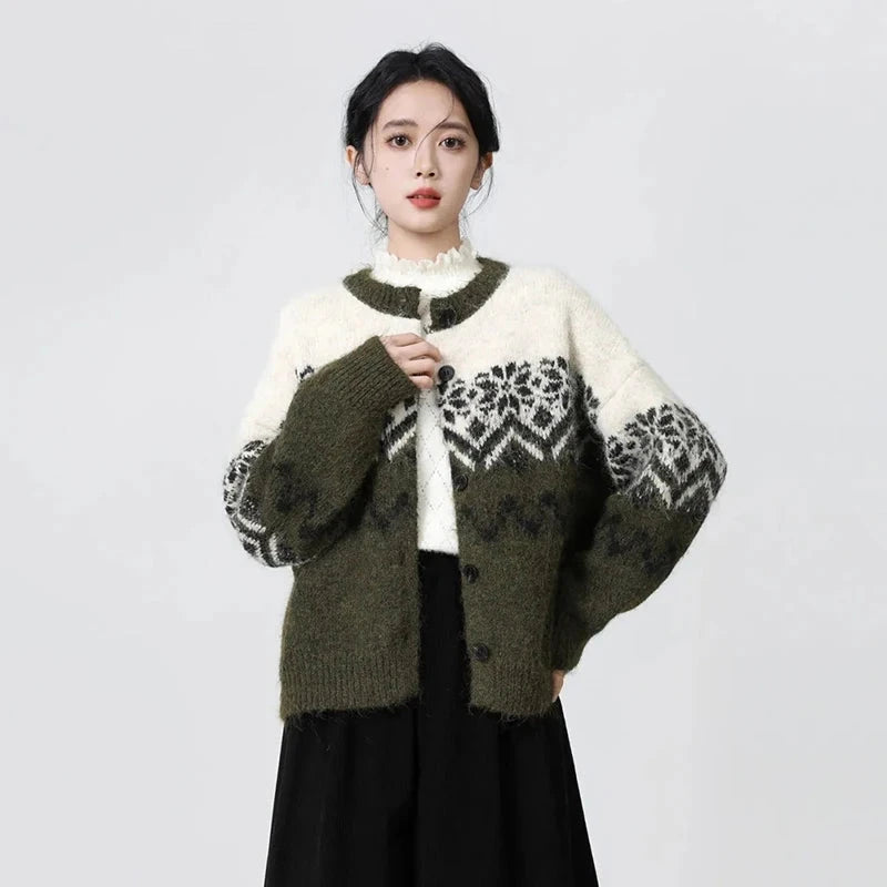 Women O Neck Retro Print Cardigan Sweaters Casual Lazy Wind Long Sleeve Knitted Short Coat Fall Winter Vintage Harajuku Lady Top voguable