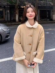Women Faux Lamb Suede Jacket Winter Warm Long Sleeve Sweet Cotton Coat Korean Pockets Female Thick Vintage Outwear Tops voguable