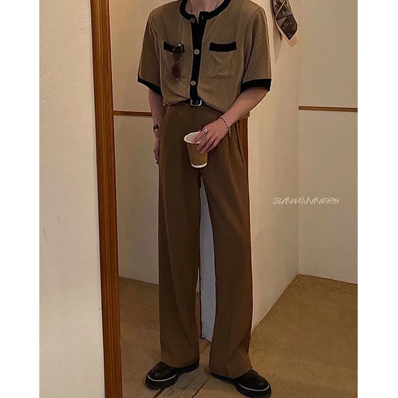 Vintage Solid Color Summer Straight Cylinder Men's Wide Leg Pants Pocket Fashion All-match Street Casual Loose Male Trousers voguable