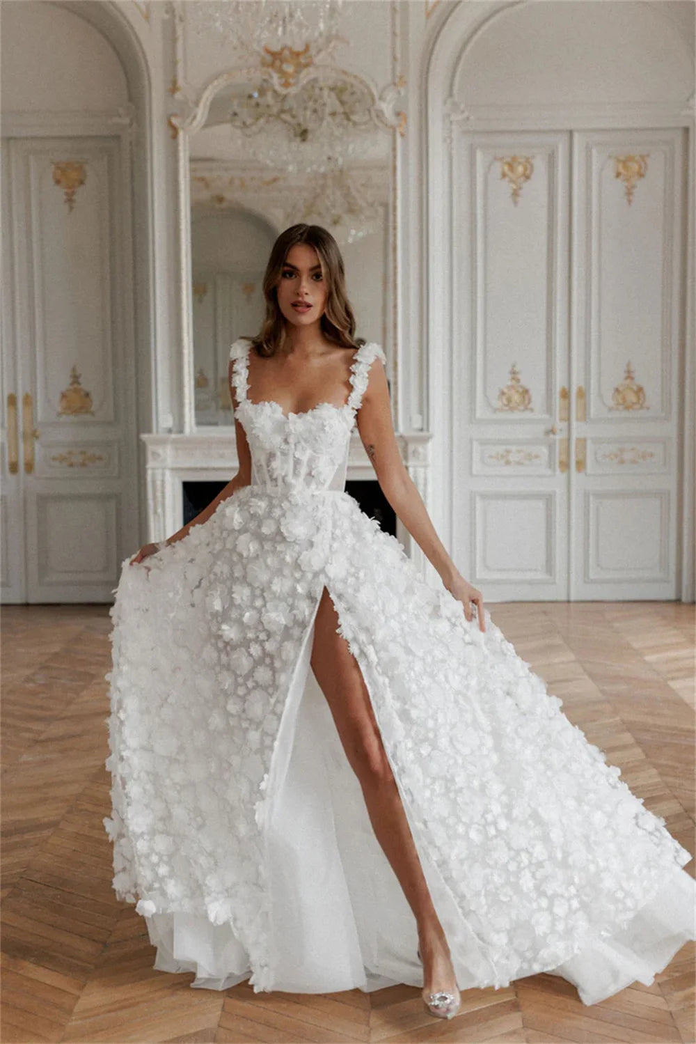 Cathy White 3D Flower Prom Dresses Lace-up Back A-line vestidos de noche Elegant Sleeveless Side High Split Formal Evening