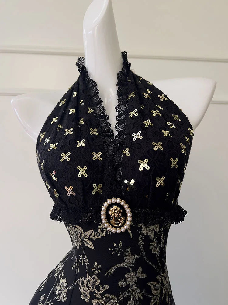 Brooch Women's Neck-mounted Dress Bandage Lace Print Sequins Sleeveless Backless V-Neck 2025 New Dresses Female voguable