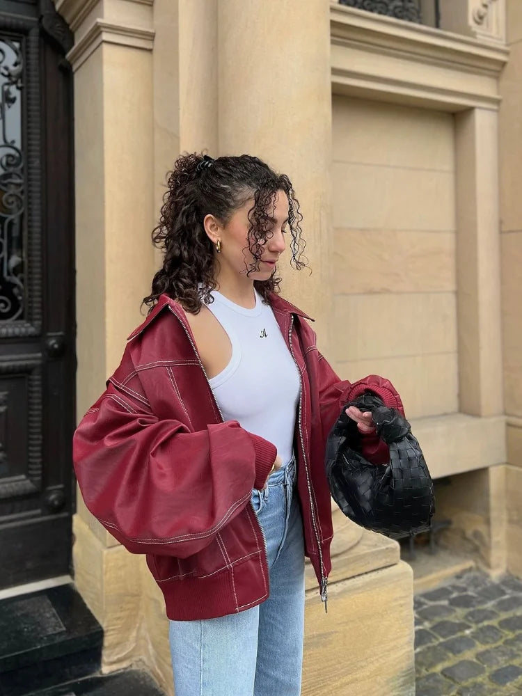 Women Wine Red Zipper Leather Jacket Casual Long Sleeve Lapel Cropped Coat Vintage Autumn Fashion Outerwear voguable