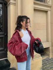 Women Wine Red Zipper Leather Jacket Casual Long Sleeve Lapel Cropped Coat Vintage Autumn Fashion Outerwear voguable