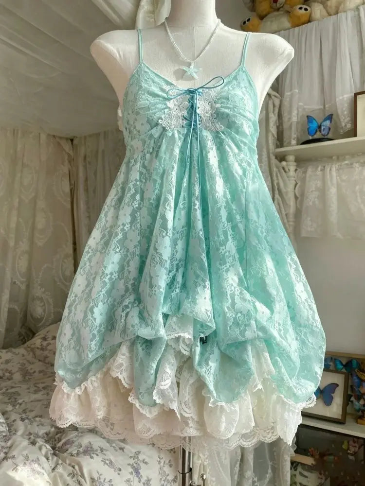 Voguable  Summer Japanese Sweet Kawaii Lolita Dress Women Vintage Lace Bow Ruffle Cake Dress Harajuku Y2k Slim Bandage Dress Fashion voguable