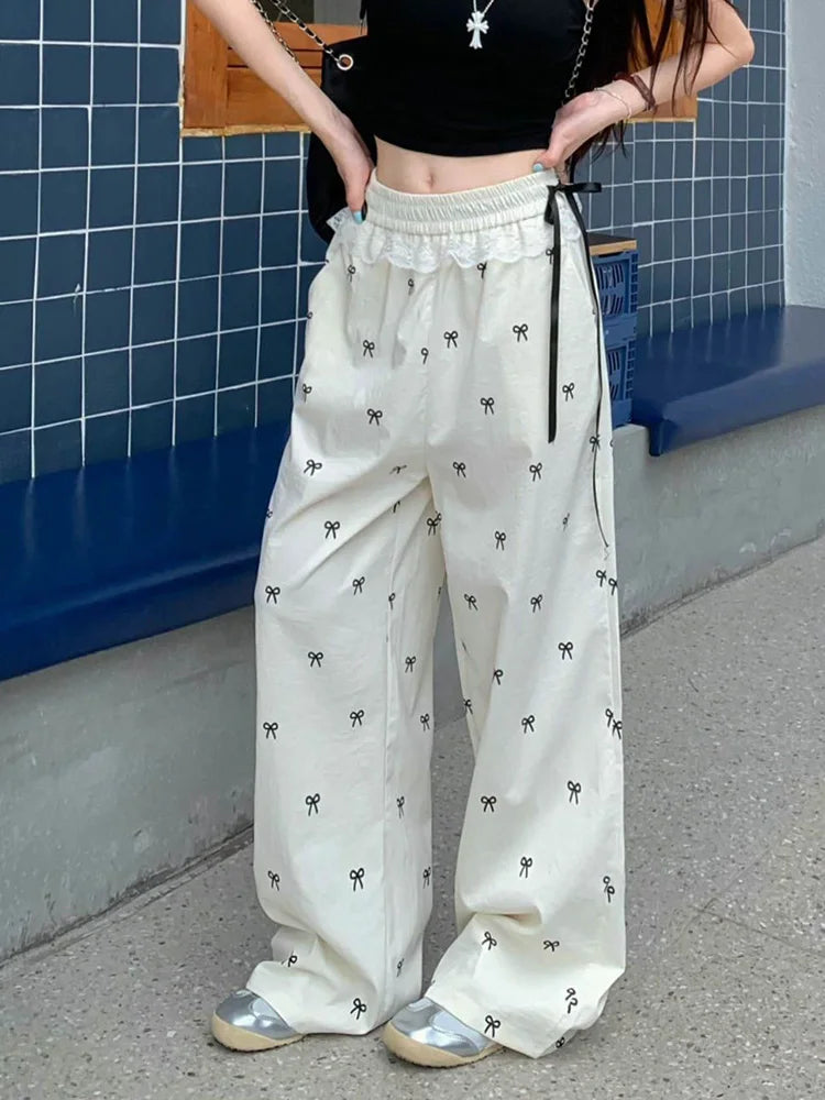 Bow Print Sweet Wide Leg Pant Women Loose Elegant Lace Patchwork Trousers Summer Vintage Cute High Waist Lady Casual Pants voguable