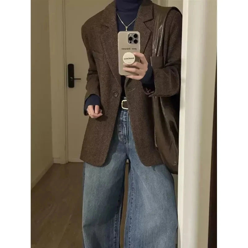 Retro Faux Woolen Blazer Coat Women Harajuku Long Sleeve Fall Winter Y2K Jacket Streetwear American Casual Lady Suit Coat voguable