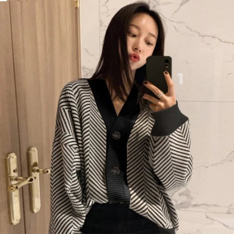 Women's Sweater Button Down V-Neck Striped Cardigan Knitted Tops Single Breasted Autumn Winter Casual Chic Knitwear Outfit voguable