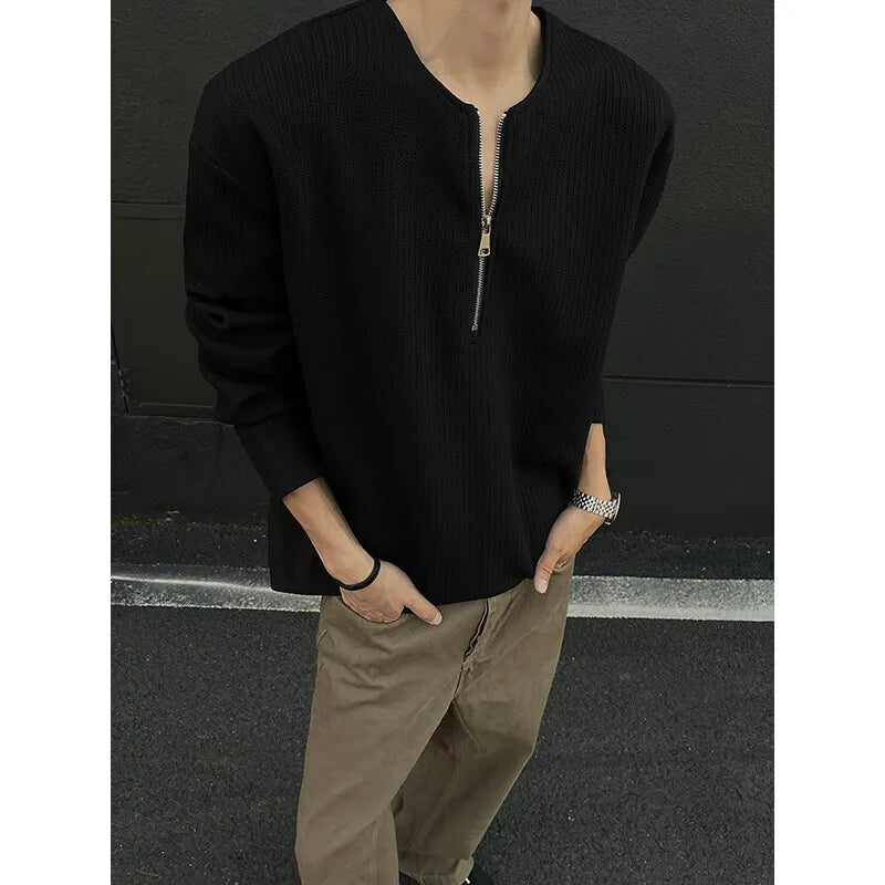 Spring Long Sleeved T-shirt Men Fashion White Pleated T Shirt Men Streetwear Korean Loose Zipper T Shirt Mens Top Plus Size 4XL voguable