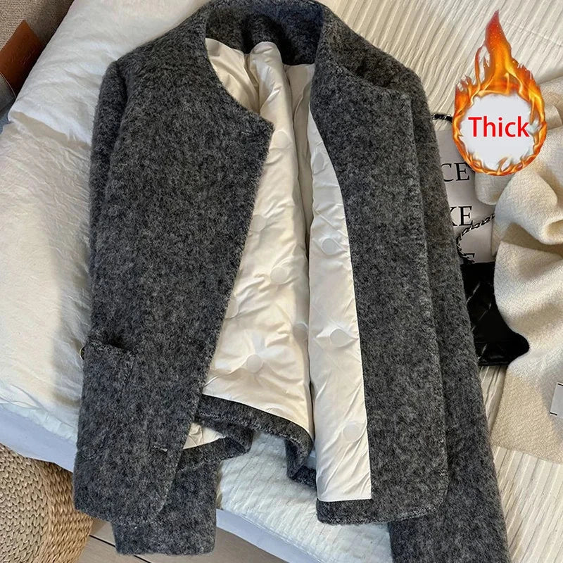 Winter Faux Woolen Gray Coat Women Vintage Thick Warm Long Sleeve Slim Jacket Casual O Neck Female Korean Elegant Retro Top voguable