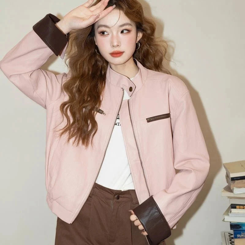 Pink Vintage Biker Pu Jacket Women Long Sleeve American Casual Y2K Coat Fall Winter Moto Female O Neck Streetwear Retro Top voguable