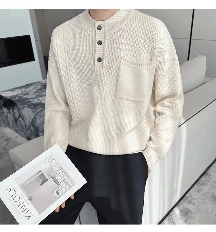 Korean Popular Men's Henry Collar Sweater Light Luxury Knit Long Sleeve Button Pullover Trending Jacquarded Solid Color Knitwear voguable