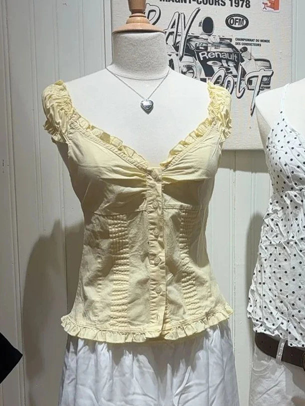 Ruffles White Basic Blouse Top for Woman Summer Folds Single Breasted Sleeveless Tank Tops Casual Cotton Vest Y2k Sweet Camisole voguable