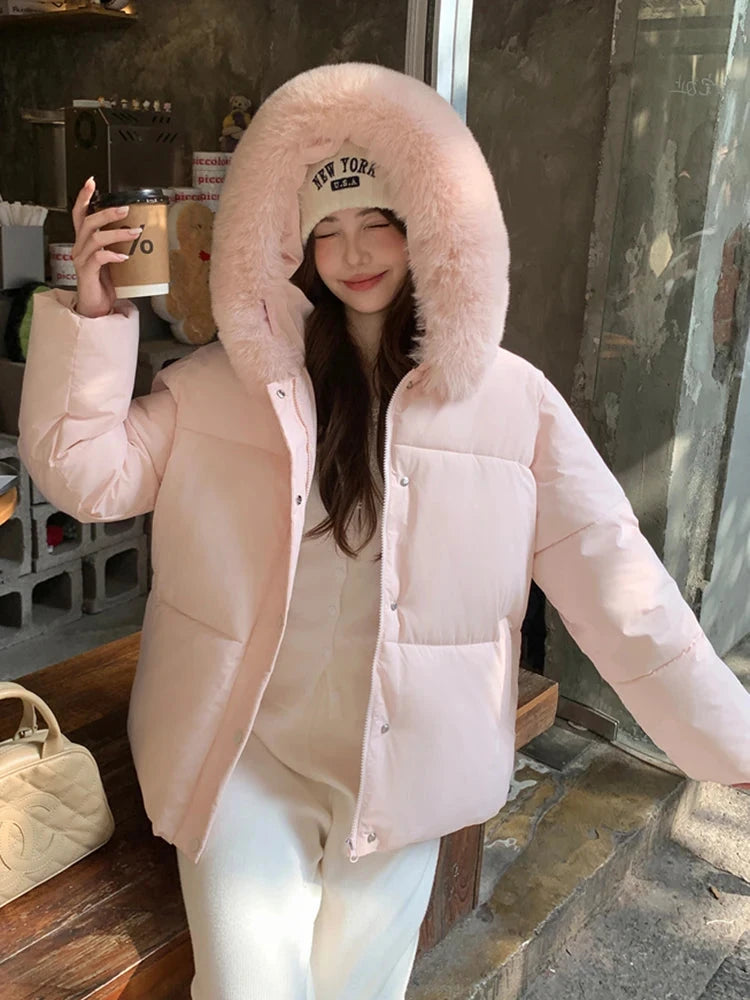 Preppy Style Sweet Parkas Women Cute Long Sleeve Vintage Faux Fox Hooded Cotton Coat Korean Winter Thick Warm New Outwear voguable