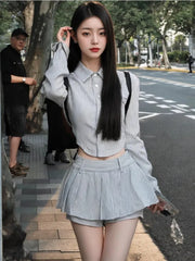 Voguable  Sweet Hot Girls Sexy Preppy Style Suit Women's Spring/Autumn Irregular Long-sleeved Short Shirt Pleated Mini Skirt Two-piece Set voguable