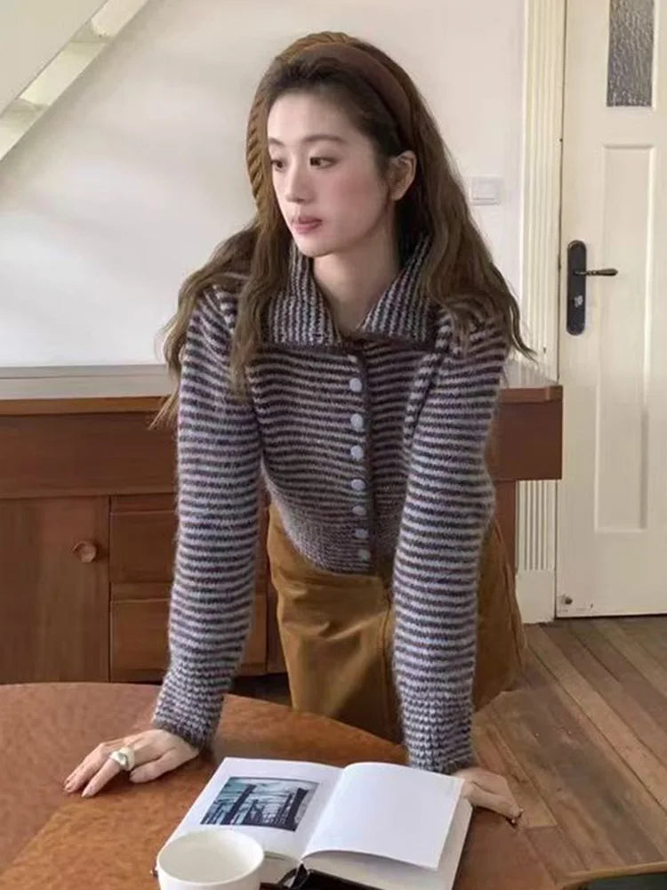 Harajuku Y2K Striped Cardigan Women Vintage Loose Casual Knitted Sweater Fall Winter Japan Retro Long Sleeve Female Soft Tops voguable