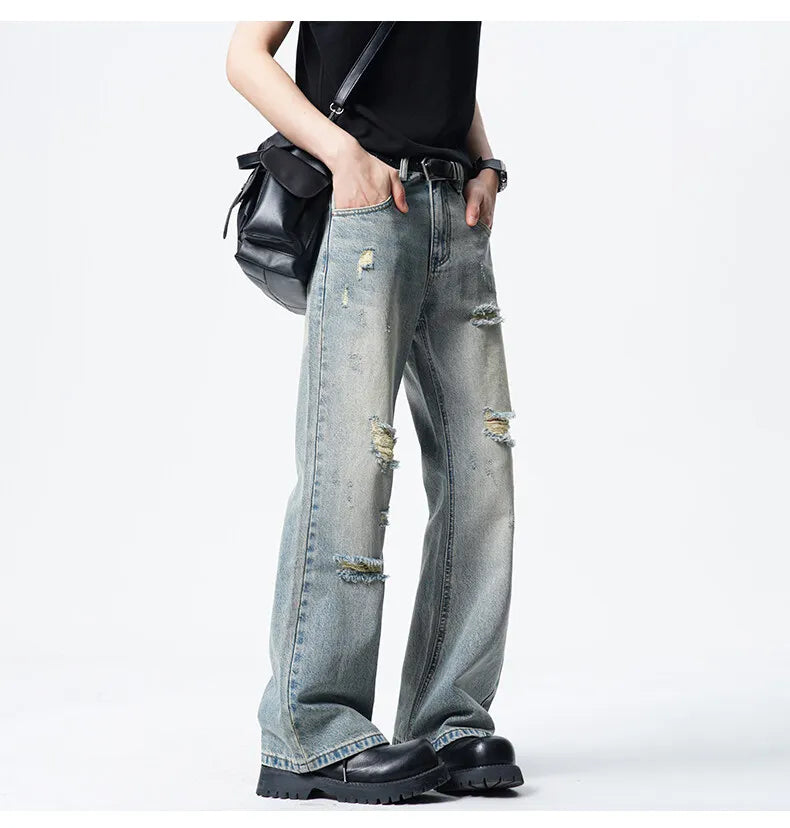 Men Straight Leg Vintage Blue Washed Denim Jeans Casual Ripped Distressed Trousers Classic Retro Style Comfortable Streetwear voguable