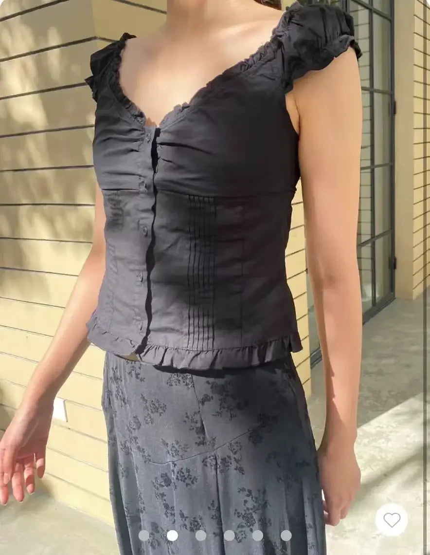 Voguable  Yellow Sweet Folds Blouse Casual Single Top Women Breasted Ruffle Sleeveless Tank Cute Casual Tops Vest Preppy Style Camis Y2K voguable