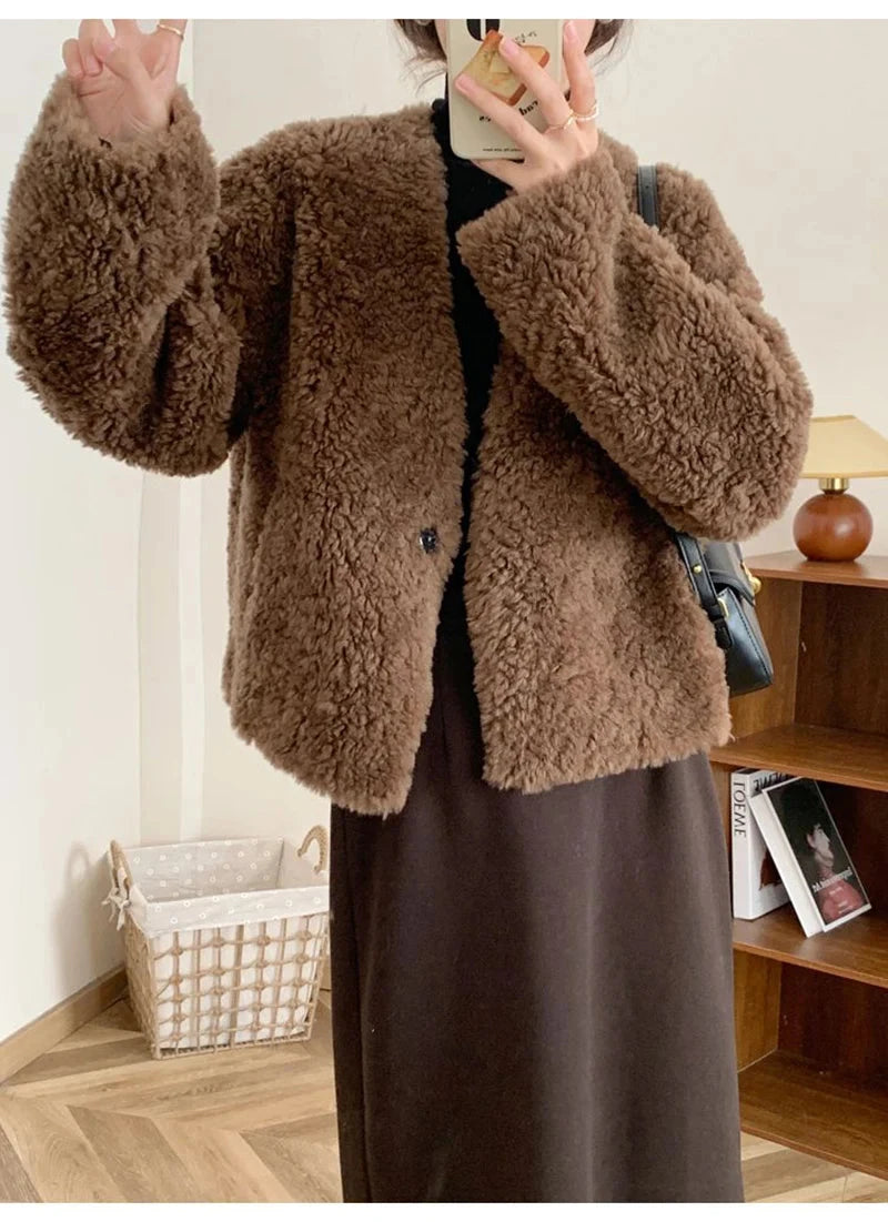 Winter Vintage Women Faux Lamb Coat Warm Soft Long Sleeve V Neck Sweet Jacket Retro Simple Solid Korean Female Preppy Style Tops voguable