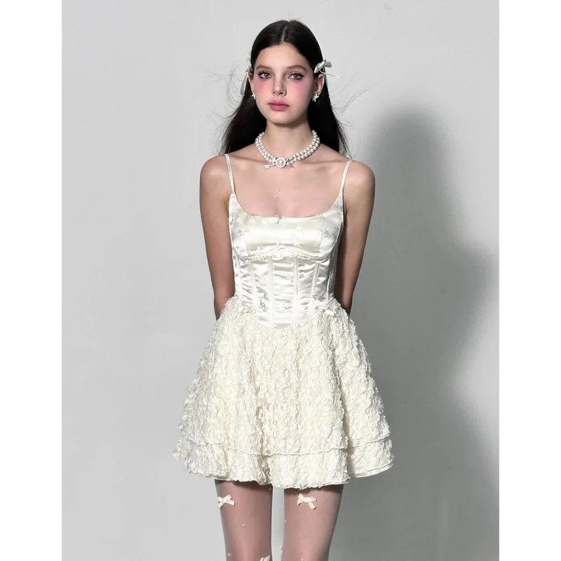 Voguable  Elegant Fairy Dress Women Summer High Waist White Lace Party Mini Dresses Spaghetti Strap Streetwear Korean Fashion voguable