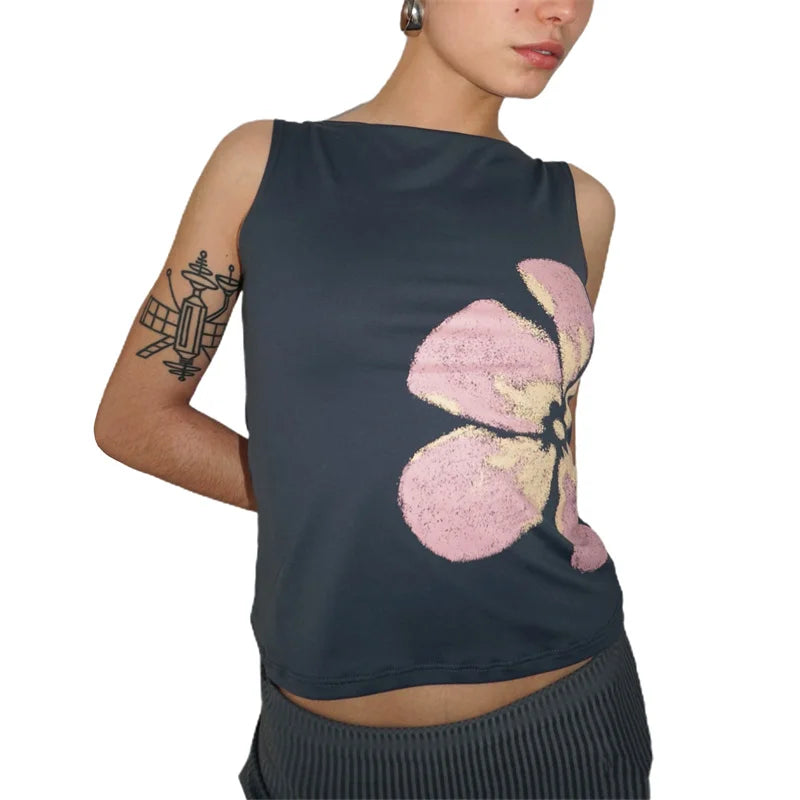 Coquette Tank Tops Summer Women Floral Print Boat Neck Sleeveless T Shirts Vest y2k Fairycore Clothing Streetwear voguable