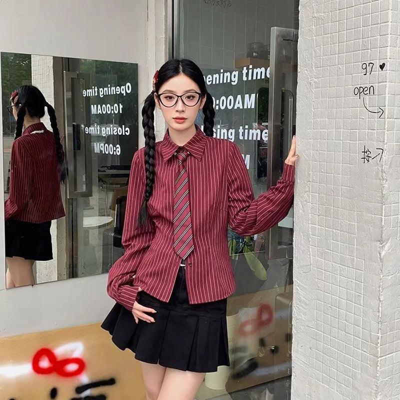 Slim Vintage Striped Tie Shirt Women Fall Long Sleeve American Preppy Style Blouse Casual Female Turn Town Collar Retro Tops New voguable