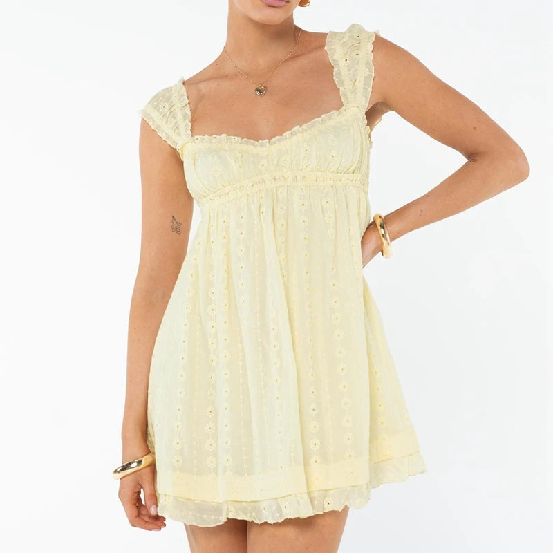 Women Backless Babydoll Dress Jacquard Eyelet Ruffle Hem Dress Vintage Lace Square Neck Frill Bust High Waist A-Line Sundress voguable