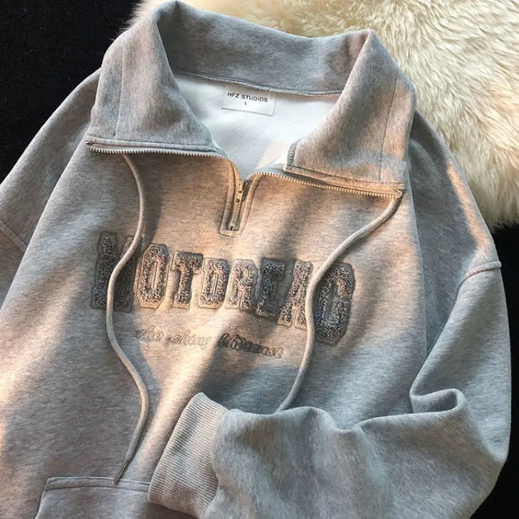 Voguable Green Vintage Zipper Draw String American Hiphop Sweatshirt Women Long Sleeve Pullover New Spring Loose Ins Thin High Street Top voguable