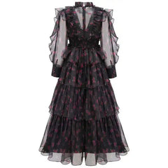 Mesh See-through Women Dress Zipper Flowers Edible Tree Fungus Design Stand Collar Full Sleeve 2025 Dresses Female voguable