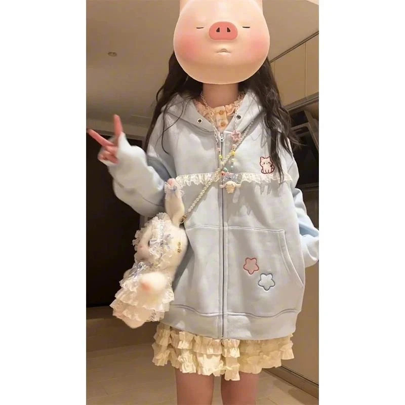Women Cute Cartoon Hoodies Vintage Lace Patchwork Loose Sweet Sweatshirts Fall Preppy Style Japan Pockets Lady Kawaii Tops voguable