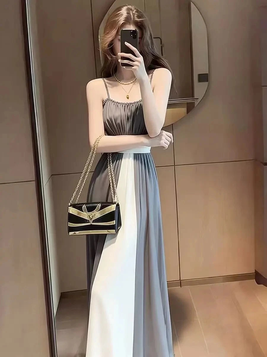 Voguable  Women Satin Cami Maxi Dress Beaded Scoop Neck Ruched High Waist Color Block Flowy Wedding Guest Evening Formal Gown Vestidos voguable