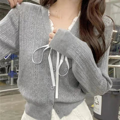 Women's Pointelle Knit Cardigan with Bow Long Sleeve Button Front Sweater Openwork Cardi Teen-girl Fairycore Balletcore Outfit voguable