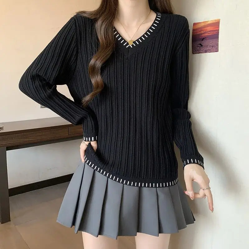Autumn Winter New Women Sweater Korean Fashion V-Neck Striped Patchwork Loose Long Sleeve Pullovers Bottoming Shirt Knitted Tops voguable