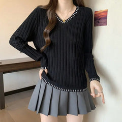 Autumn Winter New Women Sweater Korean Fashion V-Neck Striped Patchwork Loose Long Sleeve Pullovers Bottoming Shirt Knitted Tops voguable