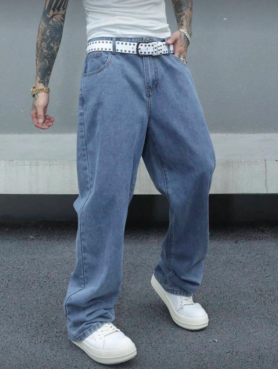 Voguable  Men's Vintage Loose-Fit Washed Blue Jeans, Wide Leg Straight Leg Denim Pants, Casual Retro Style, Light Blue, All-Season Comfort voguable