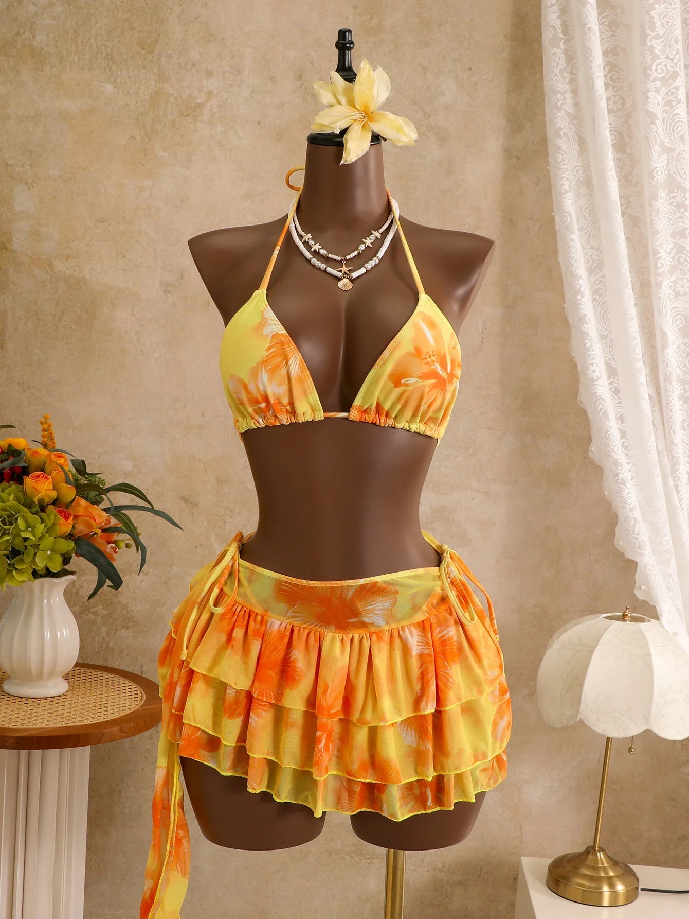 Voguable  Women 3 Piece Hibiscus Print Bikini Set with Mesh Ruffle Skirt Halter Triangle Top Beachwear Backless Swimwears Bathing Suits voguable