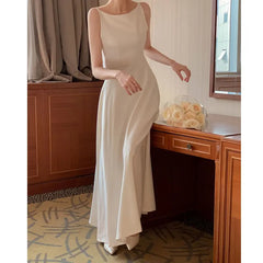 Korea Evening Party Long White Dress Elegant Solid Sleeveless Strap A Line Dress Beach Women One Piece Backless Black Dress 2024 voguable