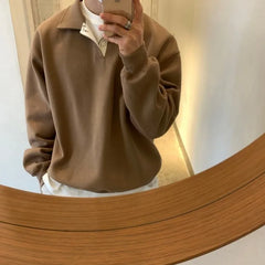 Autumn Men's Korean Popular Cotton Long Sleeve Polo Shirt Light Luxury Solid Color Texture Lapel Loose Leisure T-Shirt M-3XL voguable