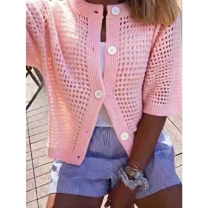 Voguable  Korean Fashion Hollowed Out Round Neck Casual Short Sleeved Cardigan Summer New Solid Color Elegant Women's Knitted Tops voguable