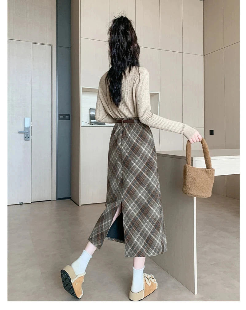Faux Woolen Plaid Long Skirt Women Vintage Slim High Waist Back Slit Belt Skirts Korean Fall Winter Elegant Long Skirts New voguable