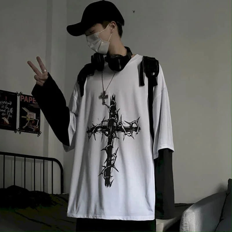 T-shirt Cross of Thorns fake two-piece for men women long-sleeved dark hip-hop loose large size autumn new trend top Simplicity voguable