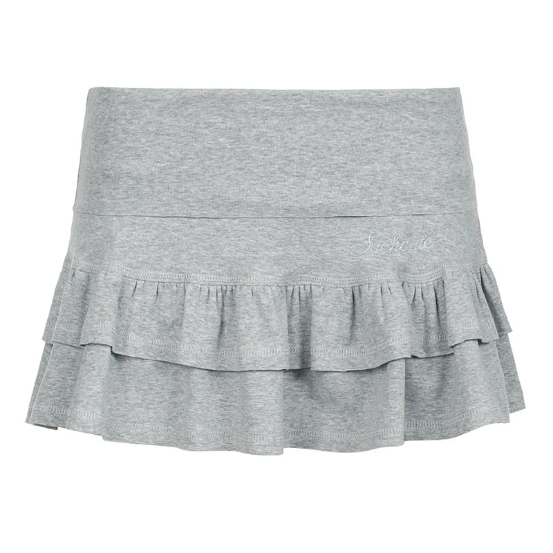 Voguable  Sweet Ruffle Tiered Mini Shorts Skirt Pink Grey Low-waisted A-line Pleated Skirts with Safety Pants Korean Japanese Y2K voguable