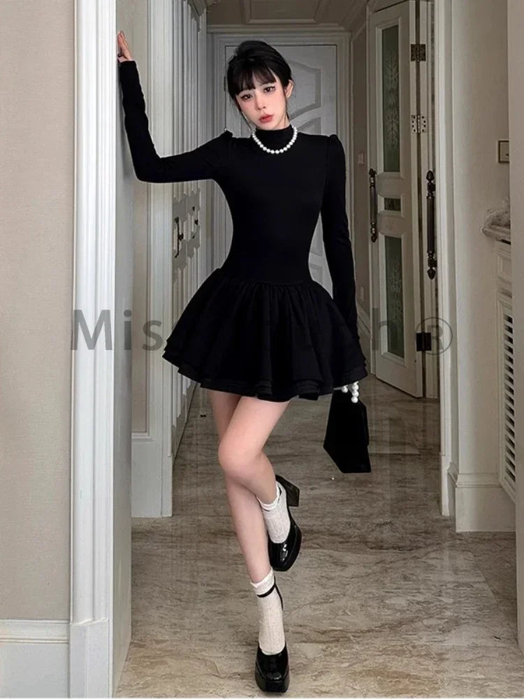 Winter Hepburn Party Mini Dress Women Patchwork Black Slim Vintage Mini Dress Female Korean Fashion Elegant One Piece Dress 2023 voguable