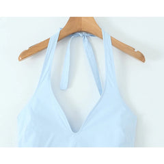 New Elegant Blue Halter Midi Long Dress Women Sexy Backless Deep V Neck Low Waist A-line Summer Dresses Party Robe voguable