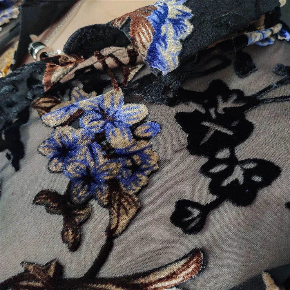 Colorful Flowers Pattern Velvet Shirt Men Transparent Short Sleeve Sexy Shirt Social Club Outfits Party Men Designer Shirt voguable